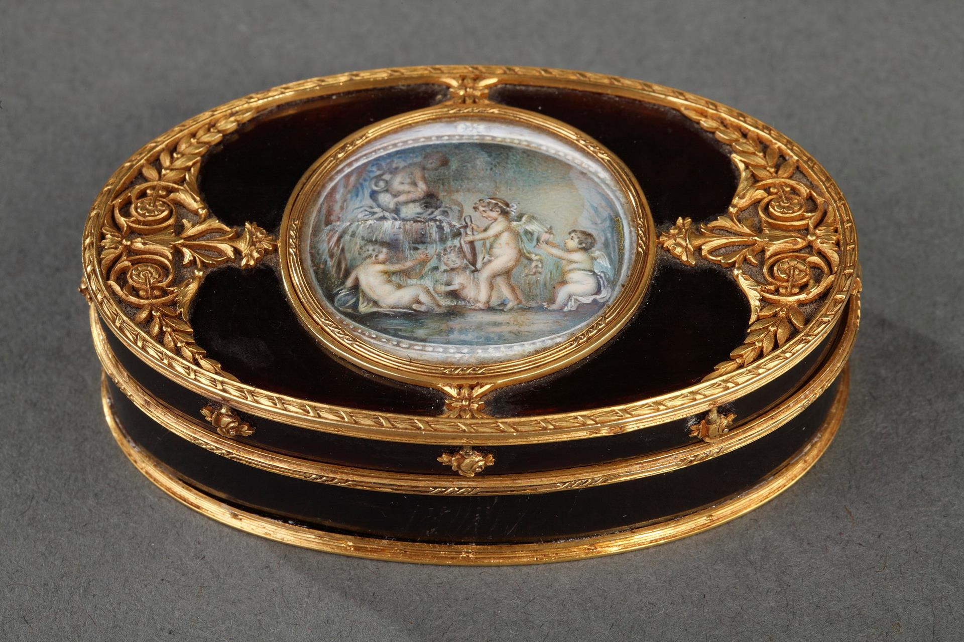 tortoiseshell and Gold Box with Miniature on Ivory.<br>Late 18th century. 