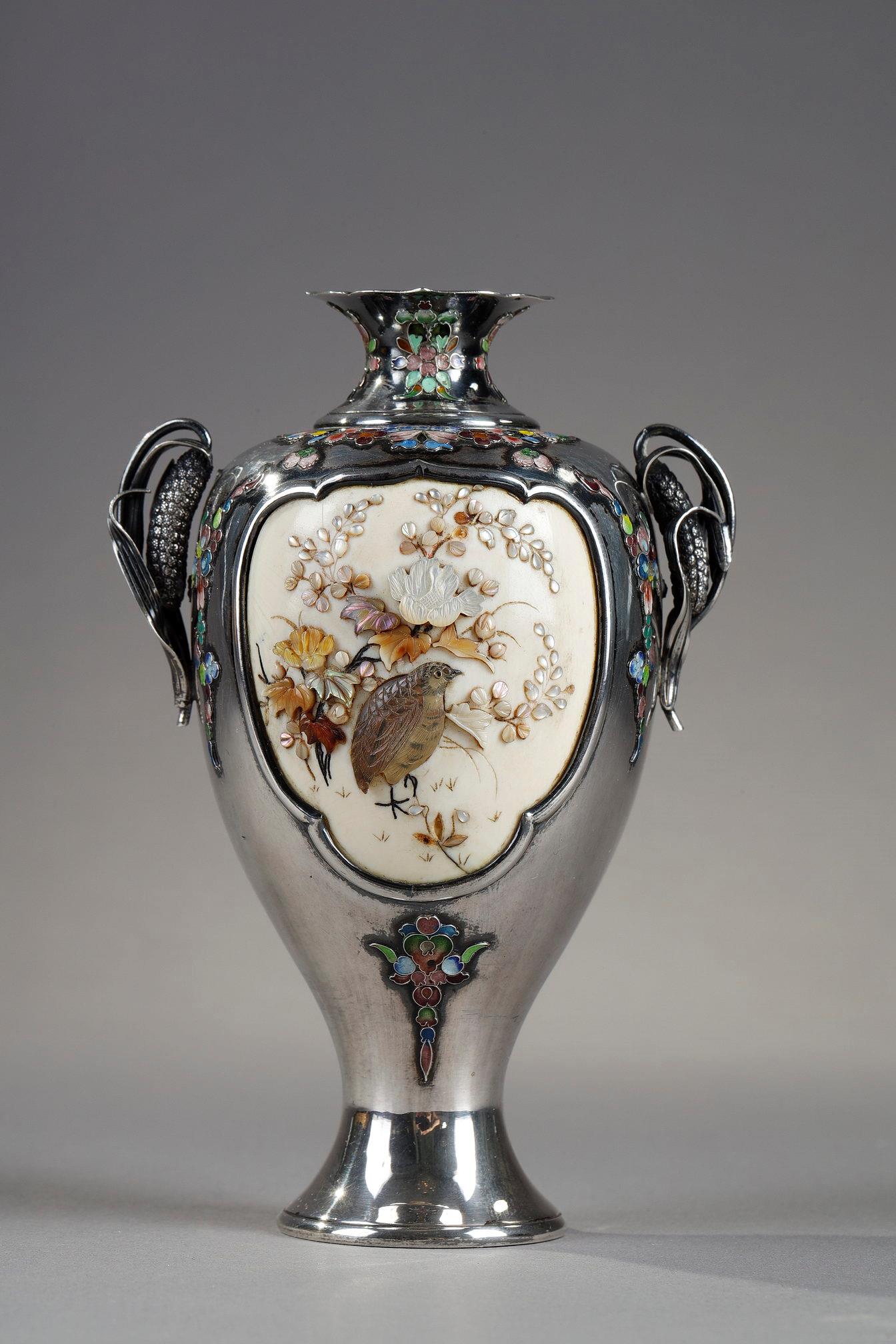 silver, ivory, shell, agate, Meiji, Edo , Japan, Shibayama, birds, flowers, 19th, century