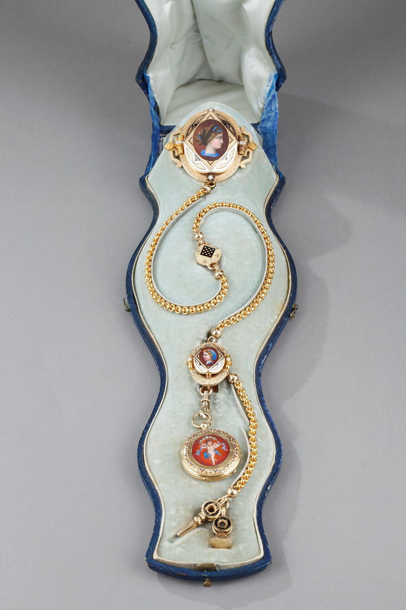 Mid-19th century Gold enamel chatelaine with Frères Junod' watch. Geneva.<br>Circa 1850