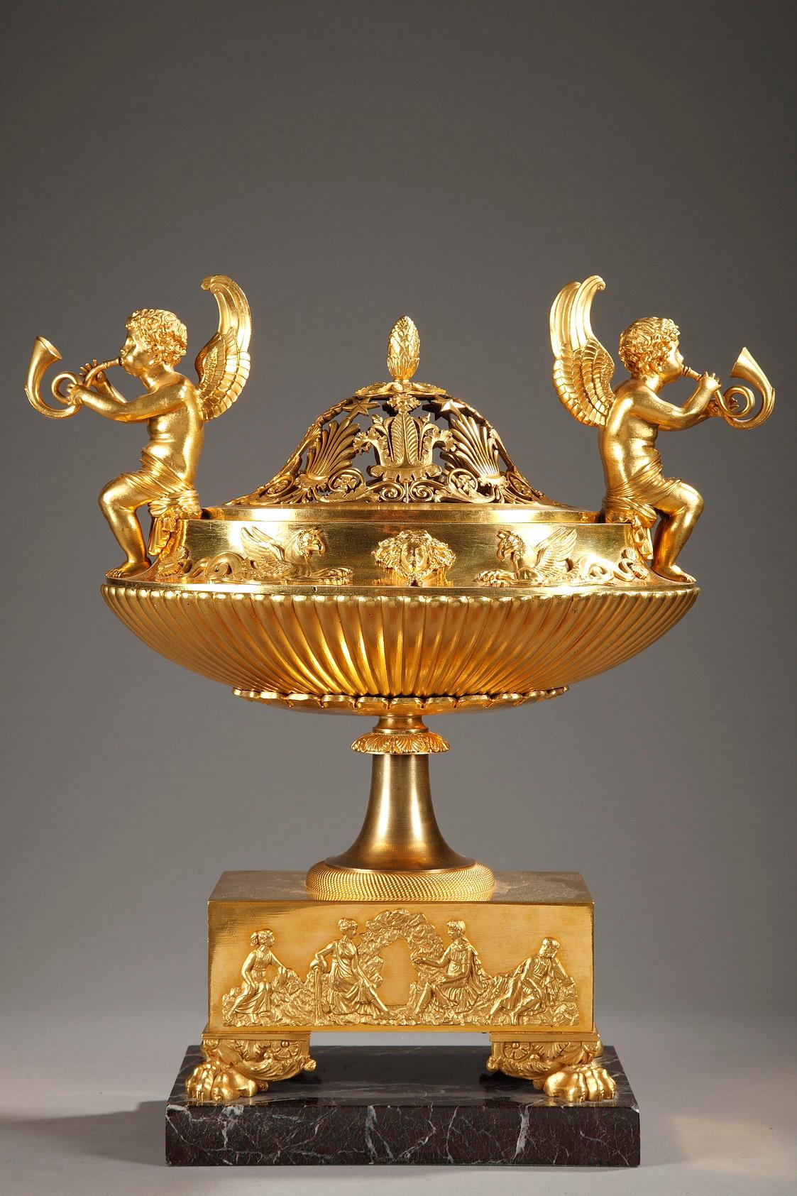 Empire gilt bronze and marble table top perfume burner
