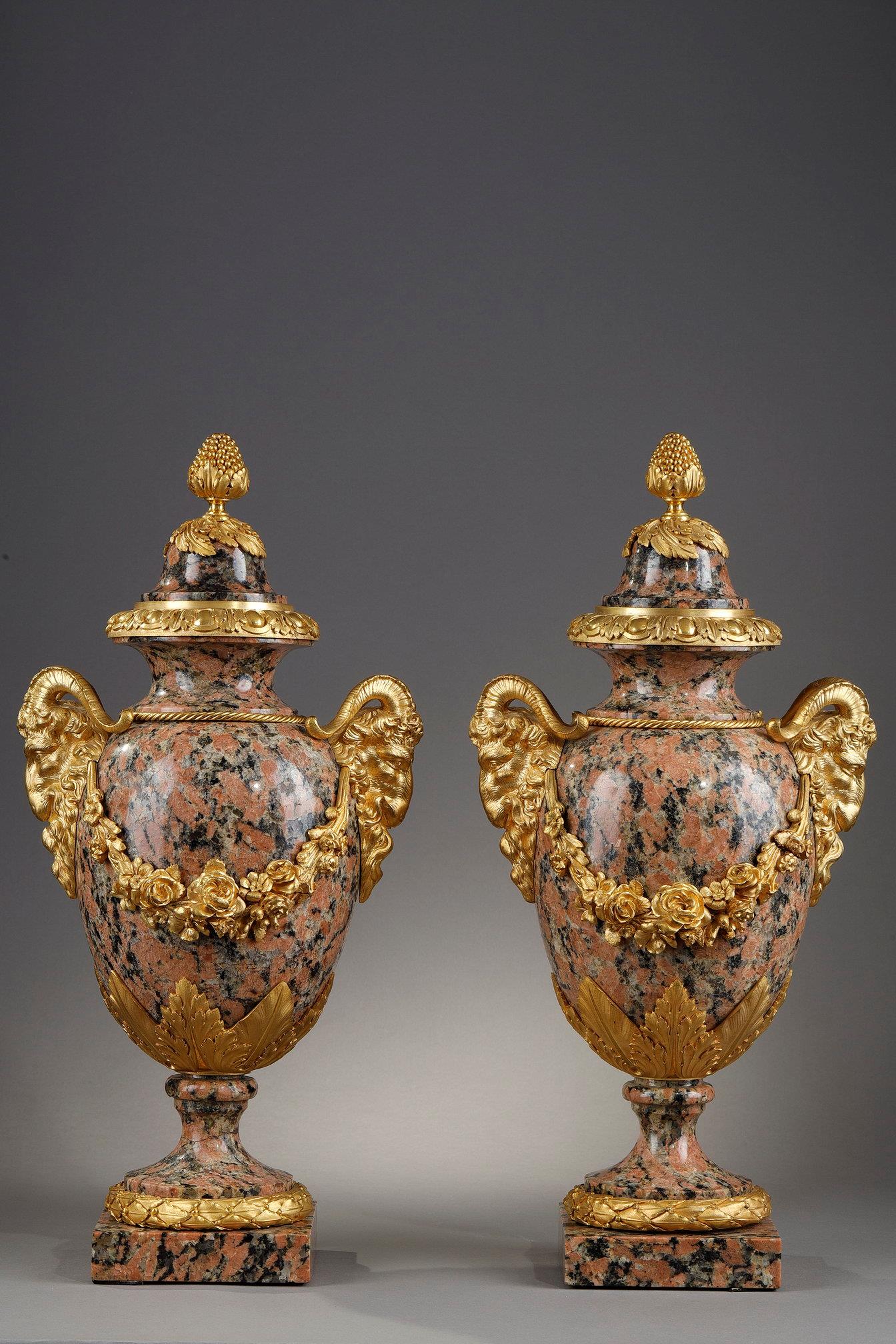 Pair of vases, pink granite, Louis XVI, Louis 16, 19th century, ormolu, napoleon 3, cassolettes