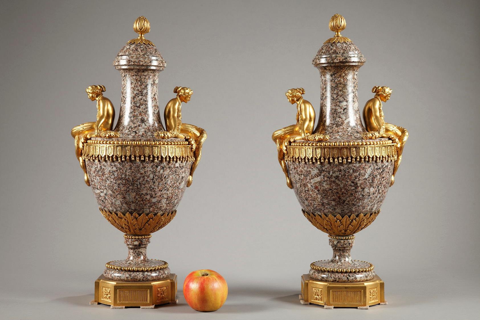   19th century pair of vases in ural granit, ormolu and marble with mermaid