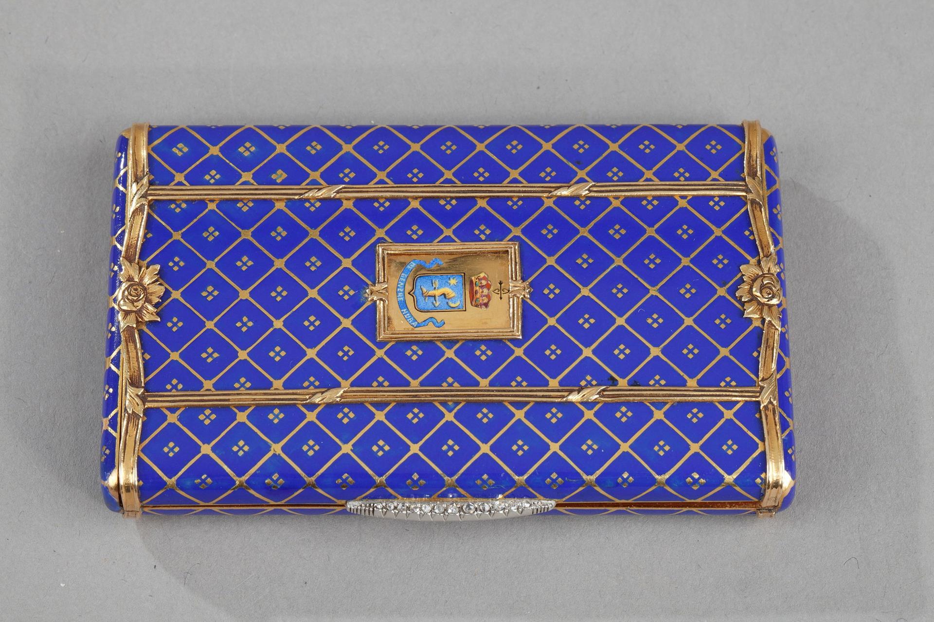 cigarette box, gold cigarette box, enamel and gold box, blue enamel, 19 century, Hongria