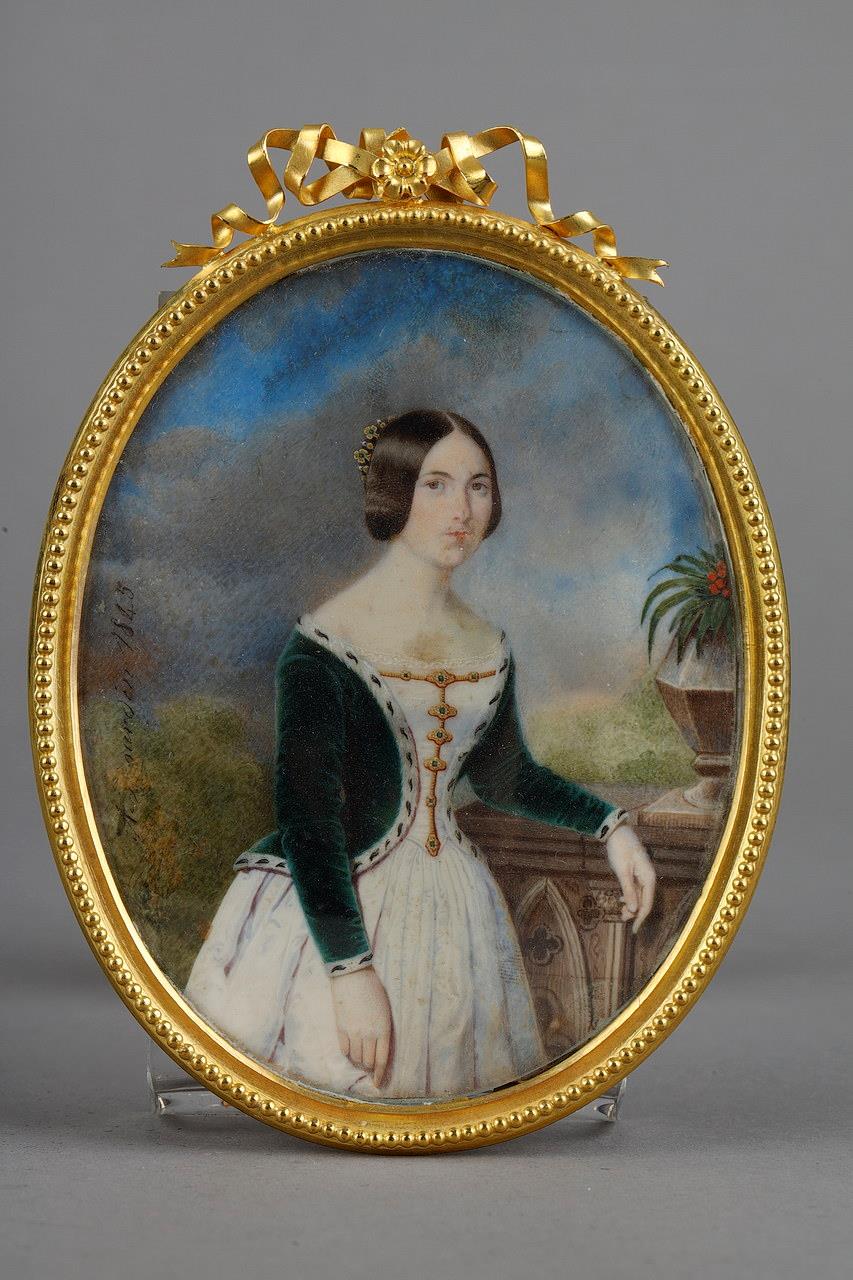 miniature in ivory painting of a Louis Philip dress women, 19 th century, signed A.Jourdin