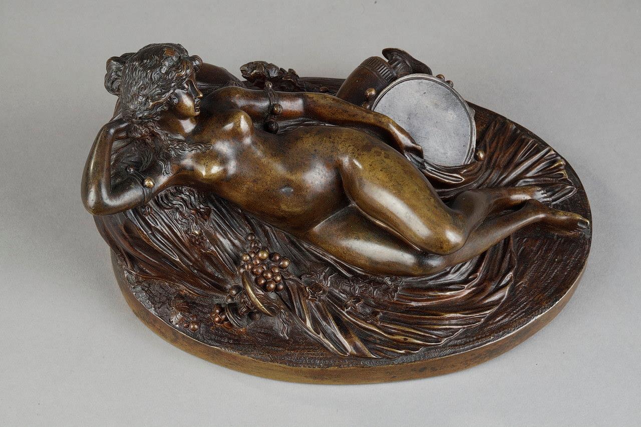 sculpture in bronze, 19th century patinated bronze, bachannal sculpture, nude woman sculpture