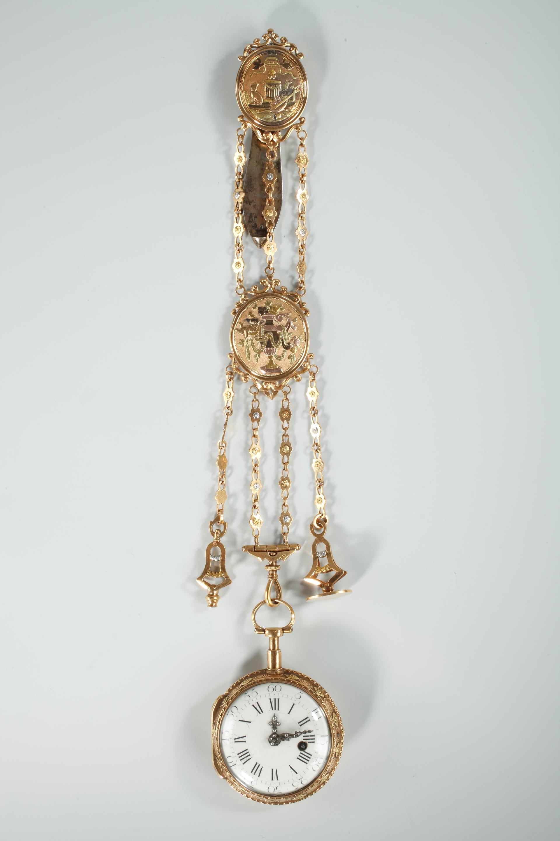 CHATELAINE AND GOLD WATCH.<br/>
18TH CENTURY FRENCH CRAFSTMANSHIP.<br/>